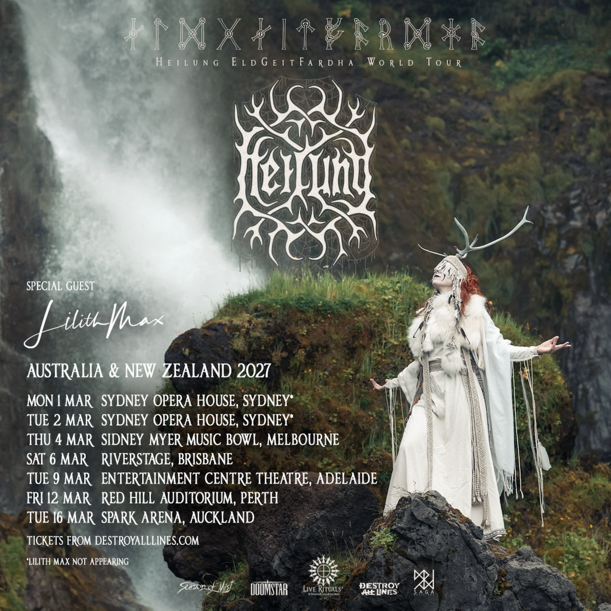 Heilung Australia & New Zealand 2027 tour poster featuring a performer in ritual dress near a waterfall.